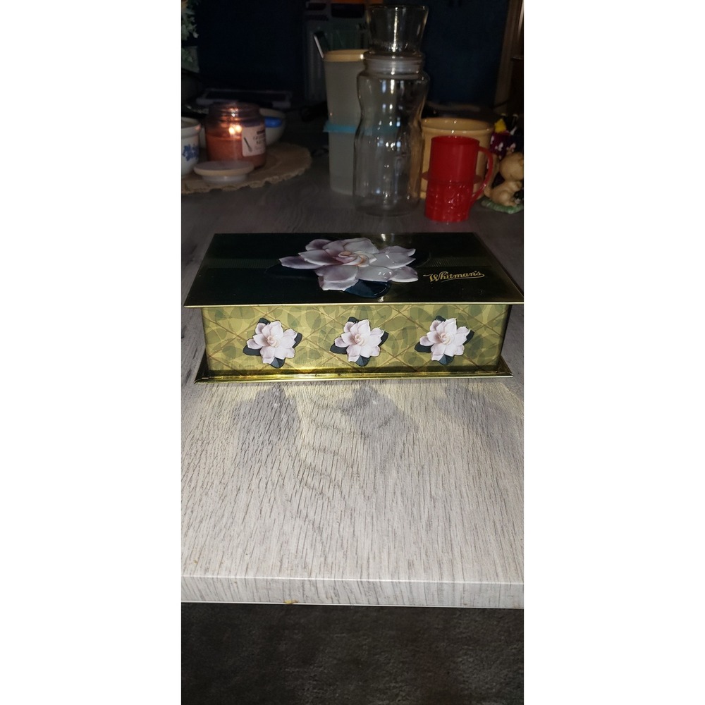 Whitmans Sampler Tin Gold Green Floral Gardenia 3D Embossed Chocolate Box Empty